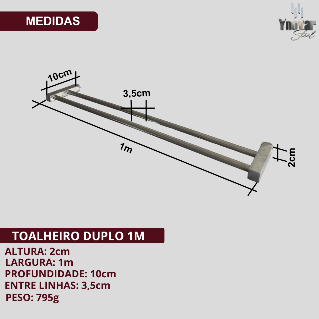 Toalheiro Duplo 1m Aço Inox Leblon Preto Fosco LTDPF-1M