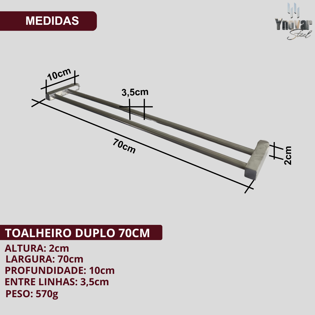 Toalheiro Duplo 70cm Aço Inox Linha Leblon LTD-70