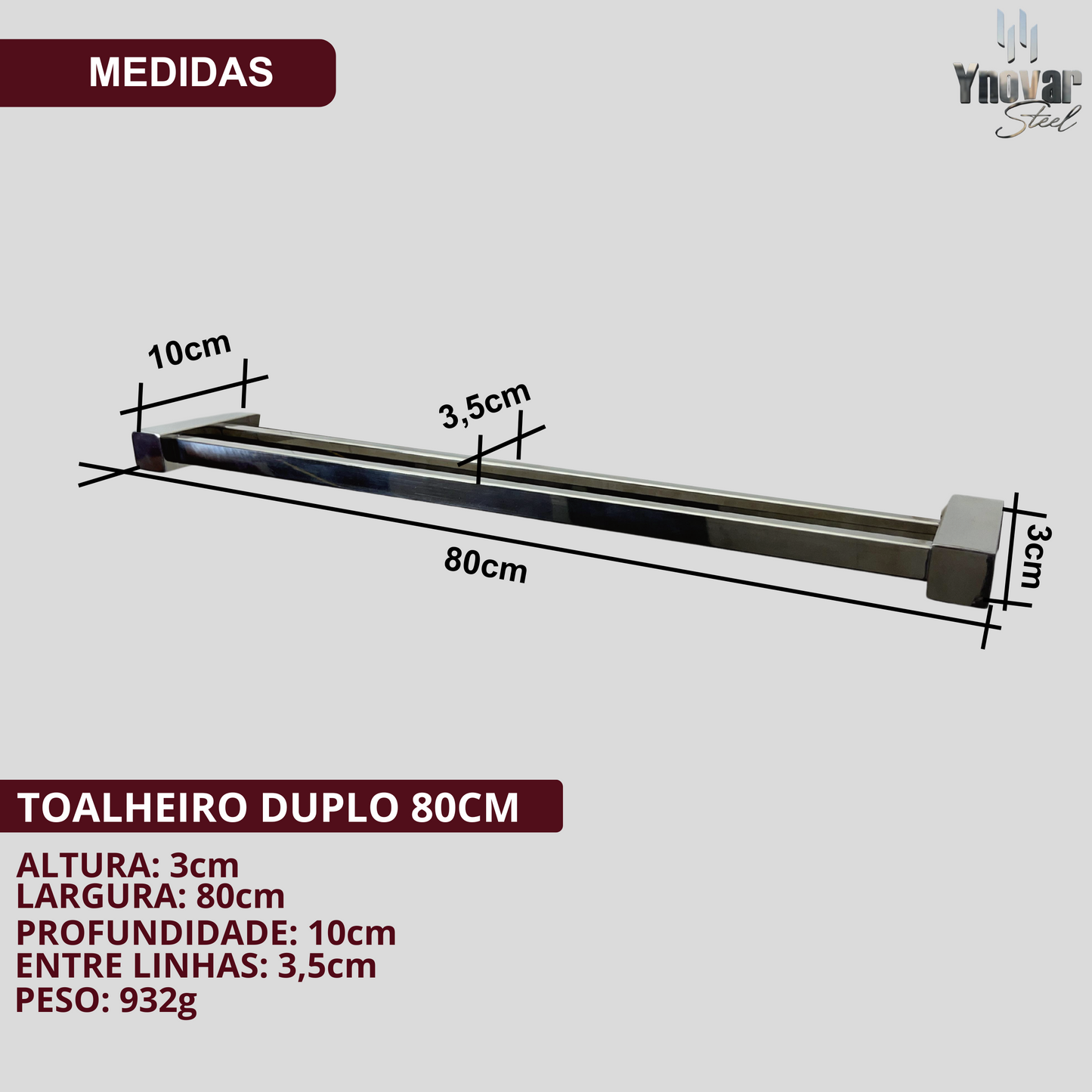 Toalheiro Duplo 80cm Aço Inox Ynovare Premium YTD-80