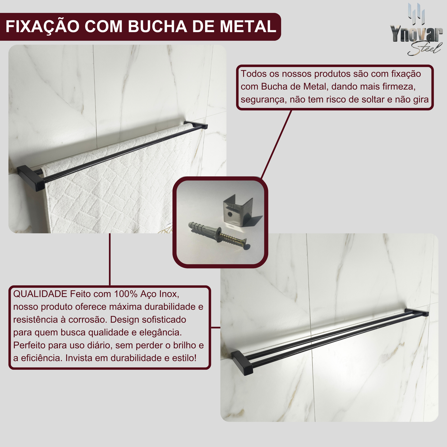 Toalheiro Duplo 70cm Aço Inox Leblon Preto Fosco LTDPF-70