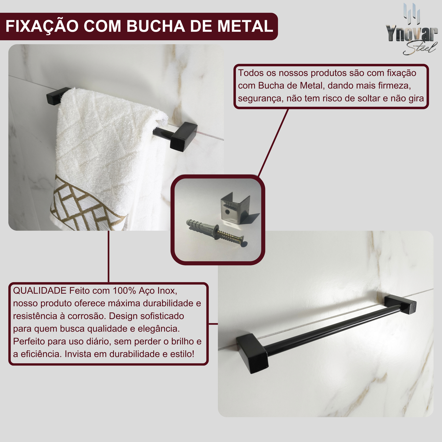 Toalheiro 30cm Aço Inox Alto Brilho Leblon Preto Fosco LTPF-30