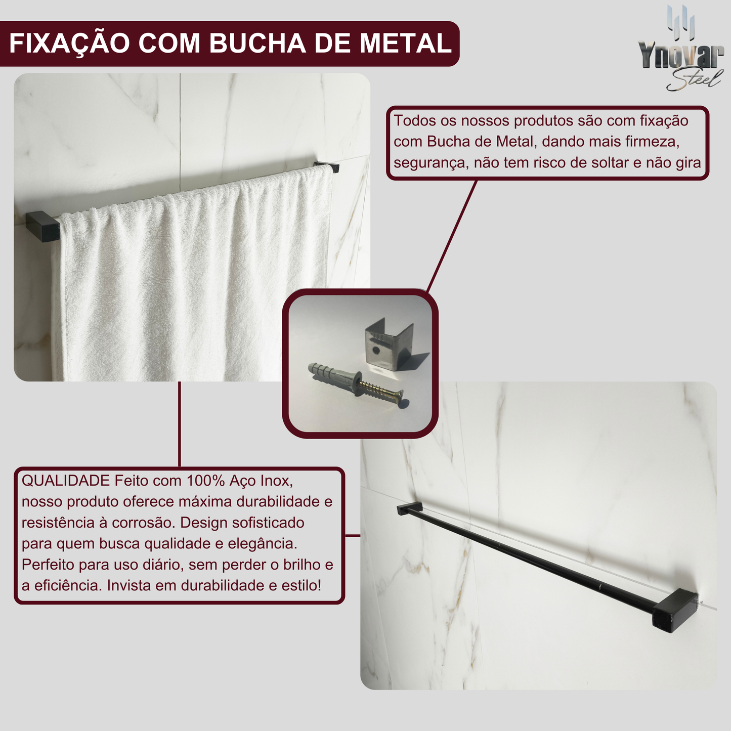 Toalheiro 1m Aço Inox Leblon Preto Fosco LTPF-1M