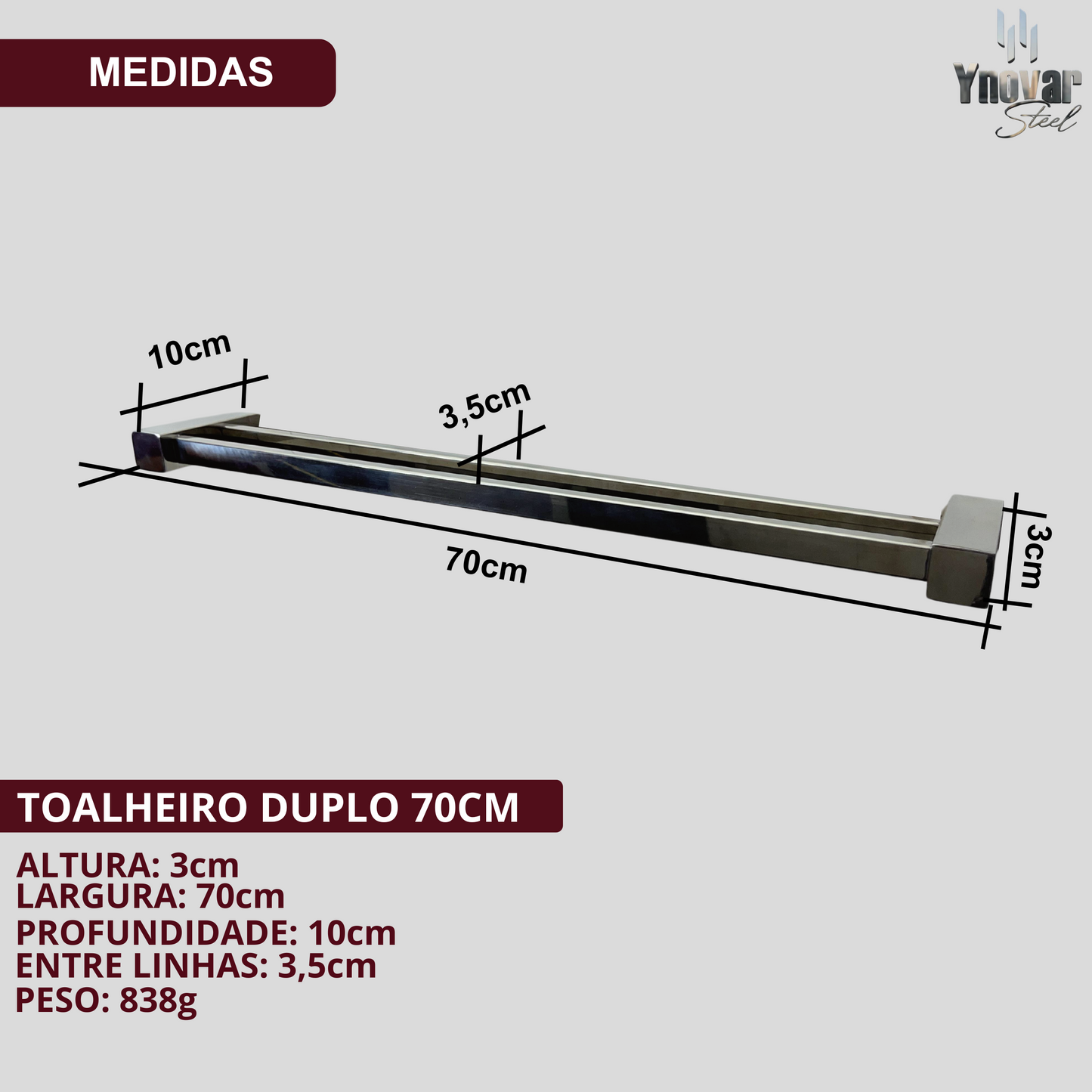Toalheiro Duplo 70cm Aço Inox Ynovare Premium YTD-70